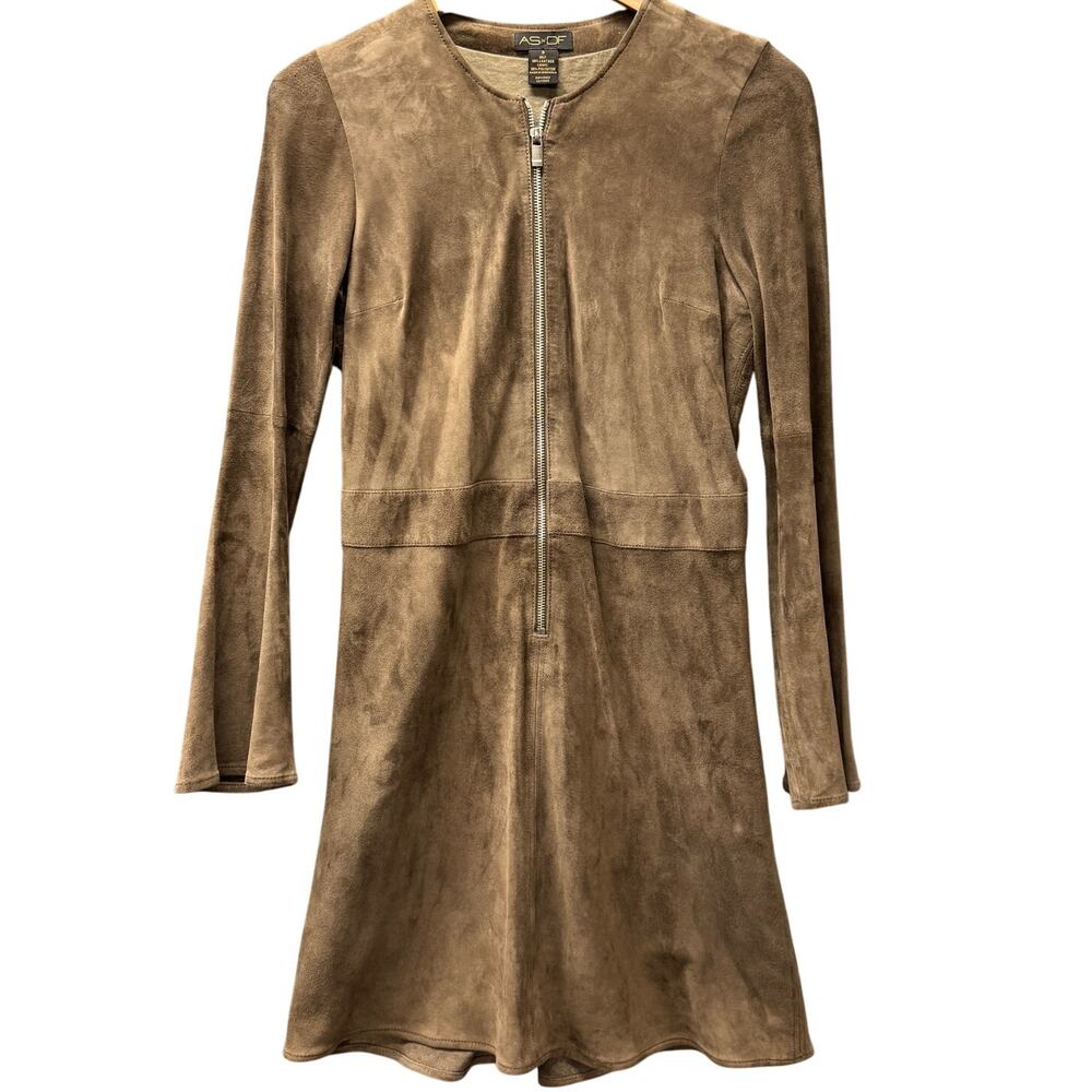 AS by DF Suede Dress Womens Small Brown Long Sleeve Zip Up Retro Knee Length